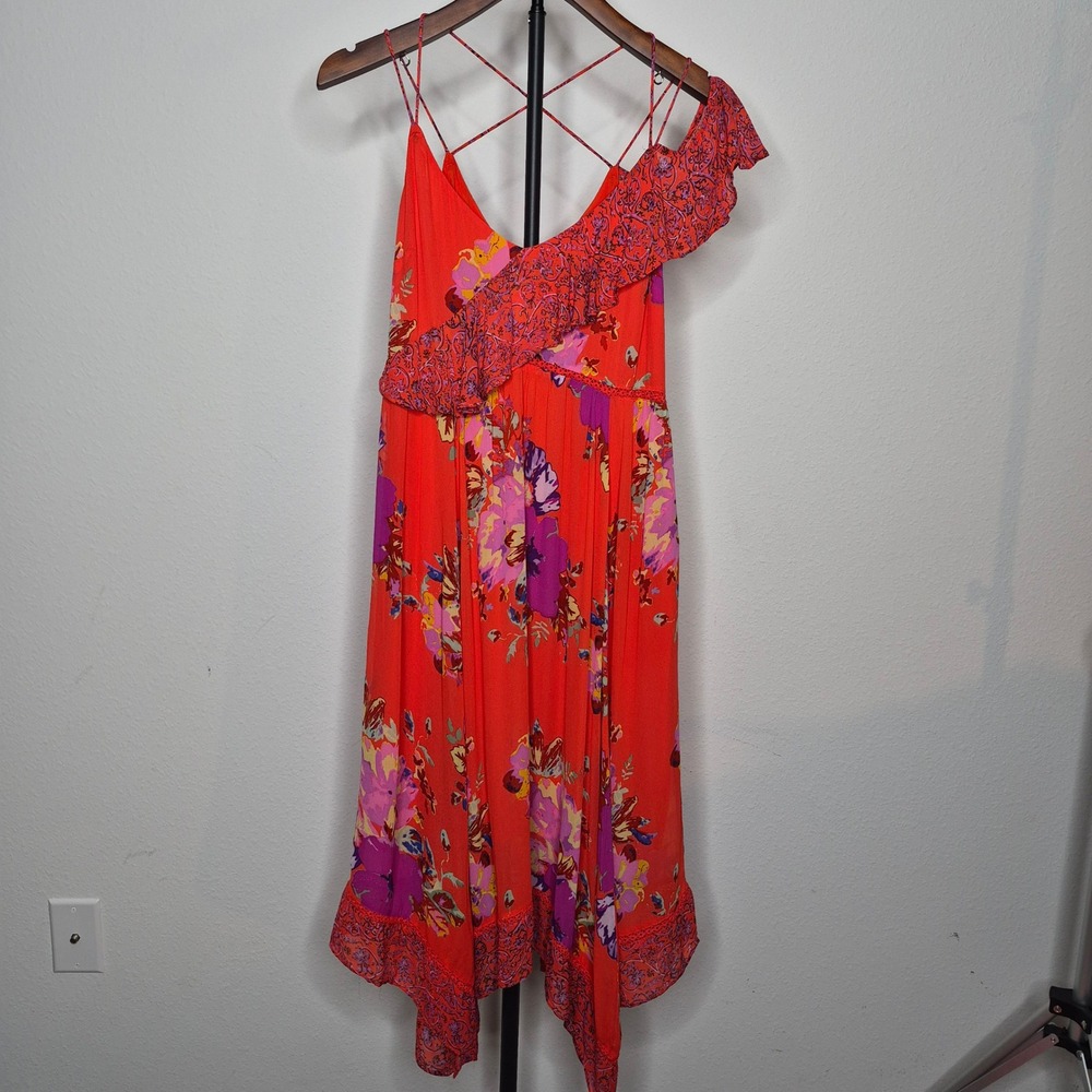 Maeve Grecia Ruffle Anthropologie Boho Floral Handkerchief Hem Midi Dress Red 2